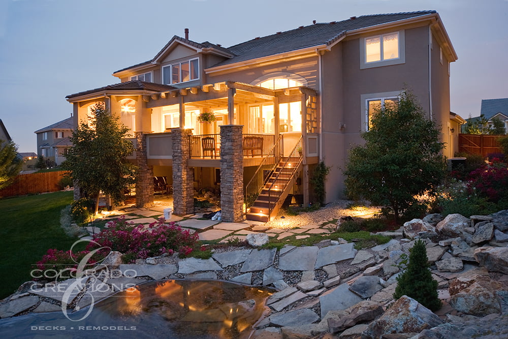 Broomfield Masterpiece Covered Deck with Pergola, Trellis, Grill Buffet. Outdoor Living